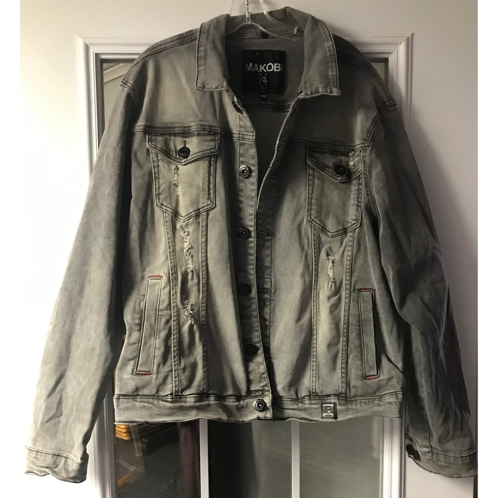 Makobi Men's Grey Denim Jacket Distressed Ripped‎ Size 3X
